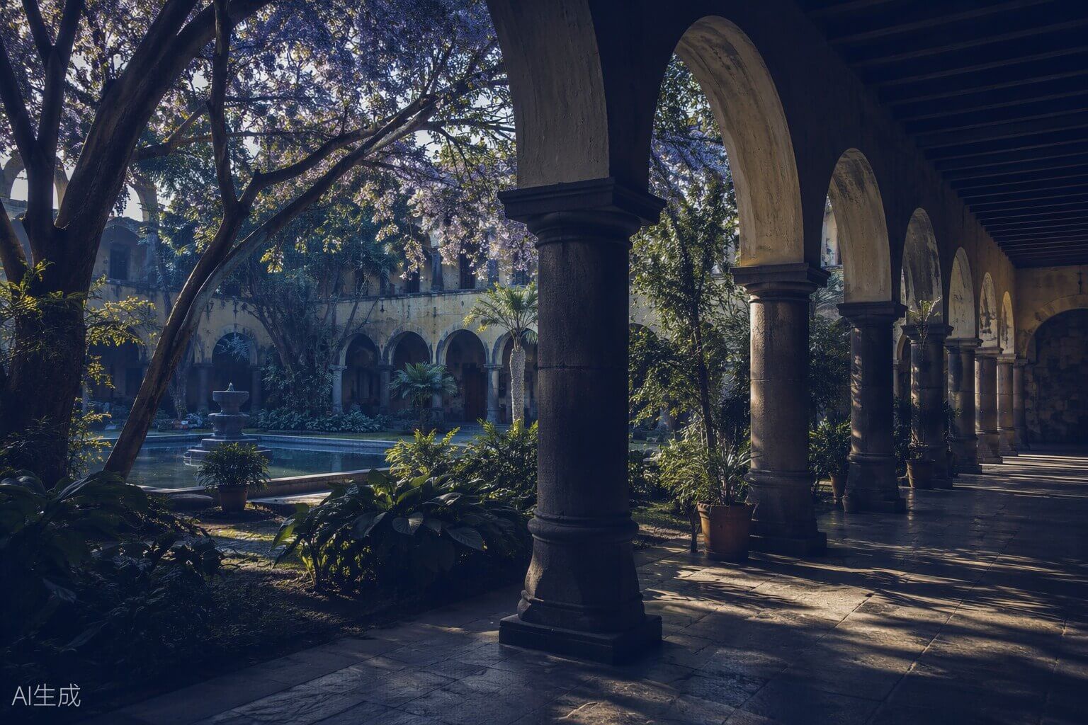 Patio colonial sereno en Cuernavaca con arcos de piedra y jacarandás