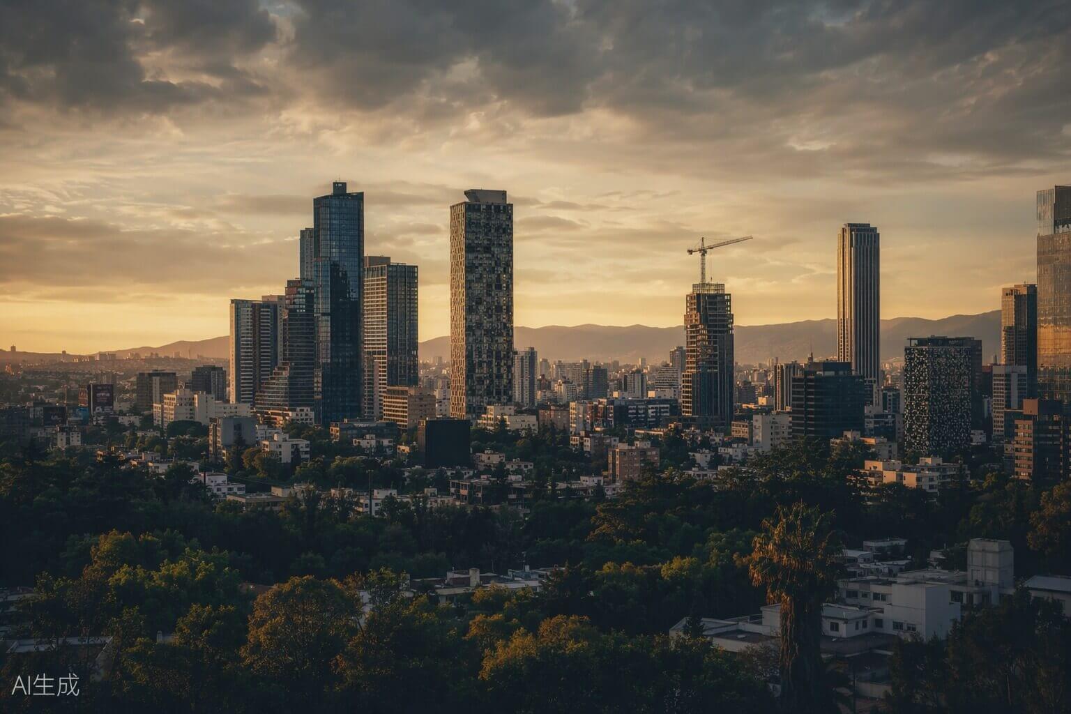 Desarrollo urbano moderno junto a reserva ecológica con grúas al atardecer