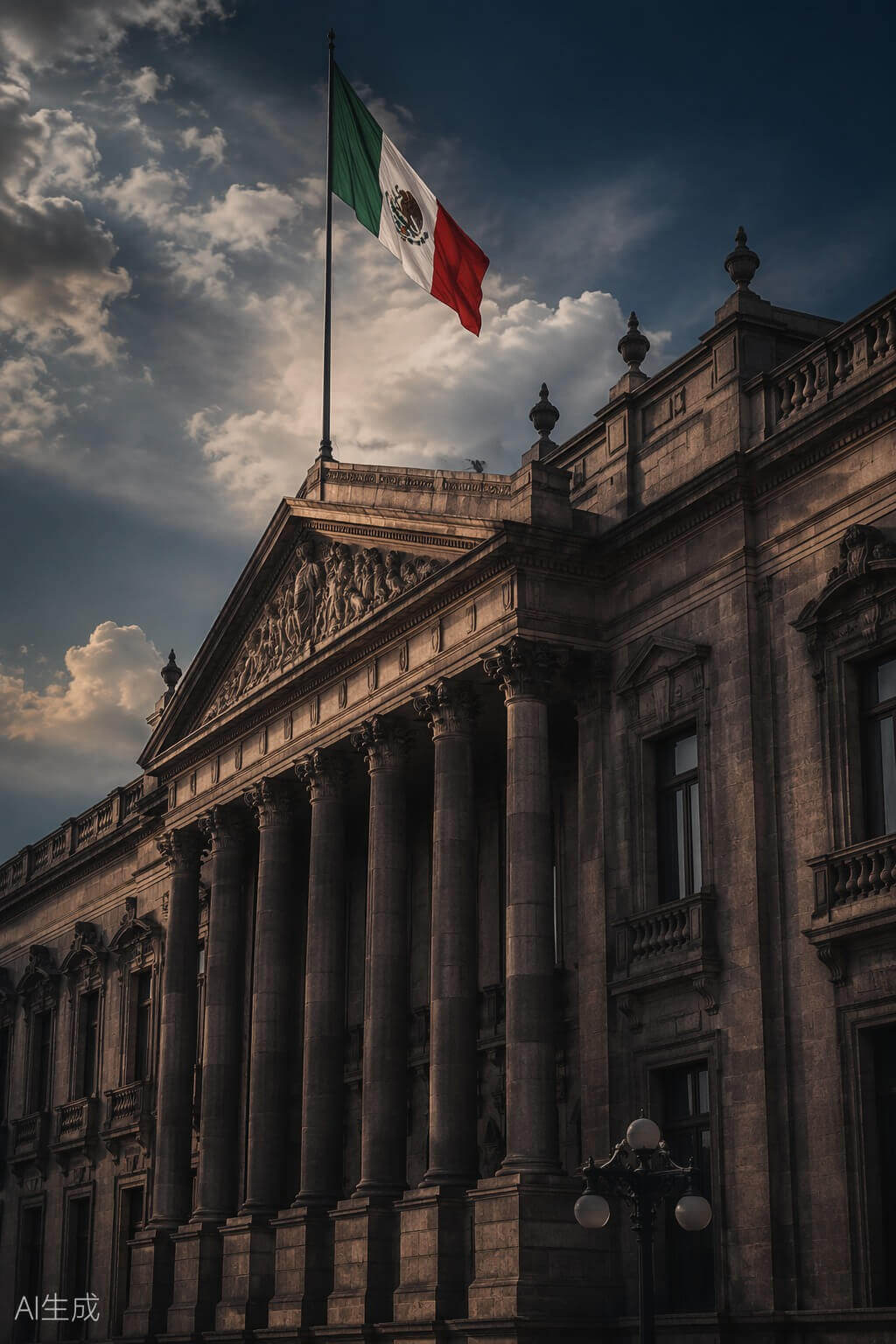 Fachada neoclásica de palacio de gobierno con columnas y bandera de México