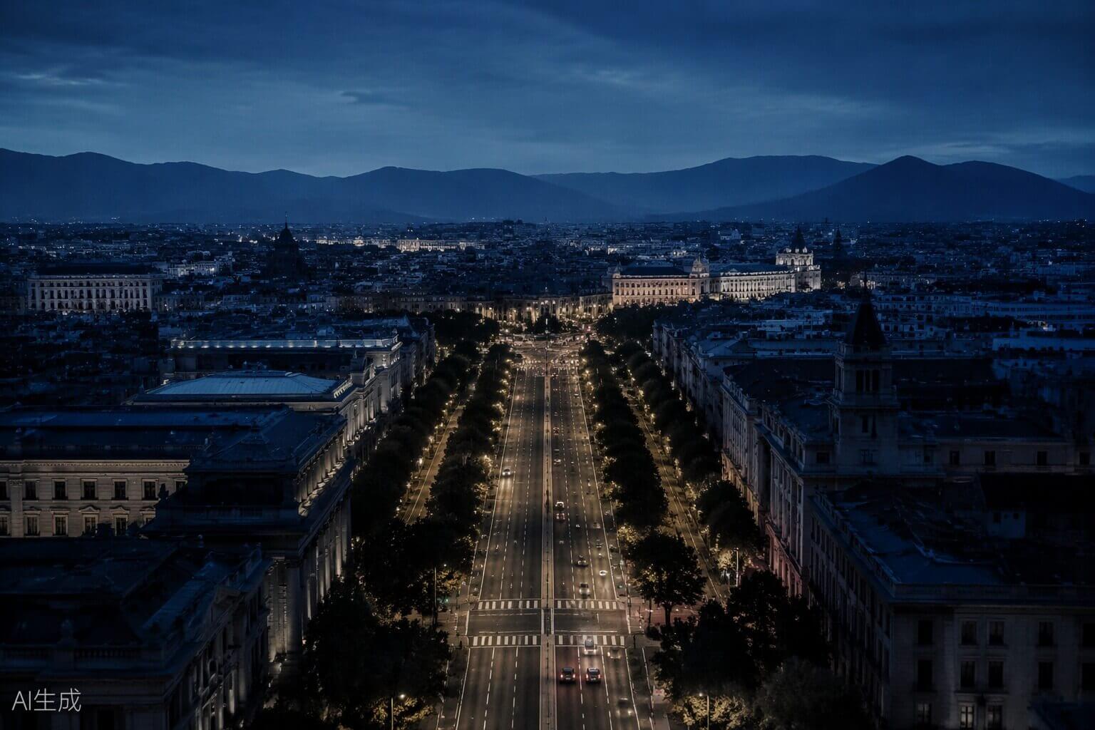 Avenida urbana a la hora azul con luces encendidas y montañas al fondo